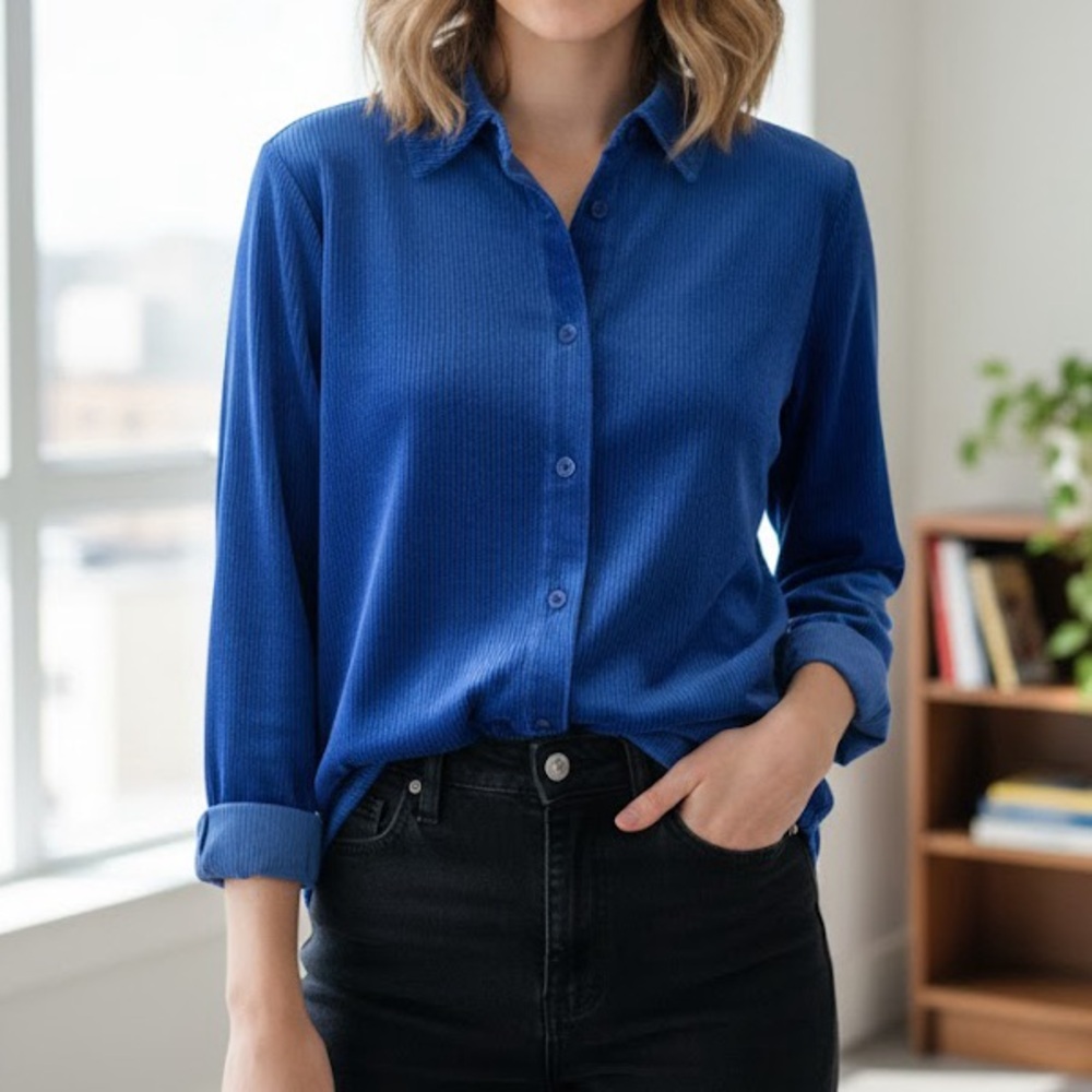 Soft Surroundings Blue Striped Metallic Velvet Long Sleeve Button Down LP